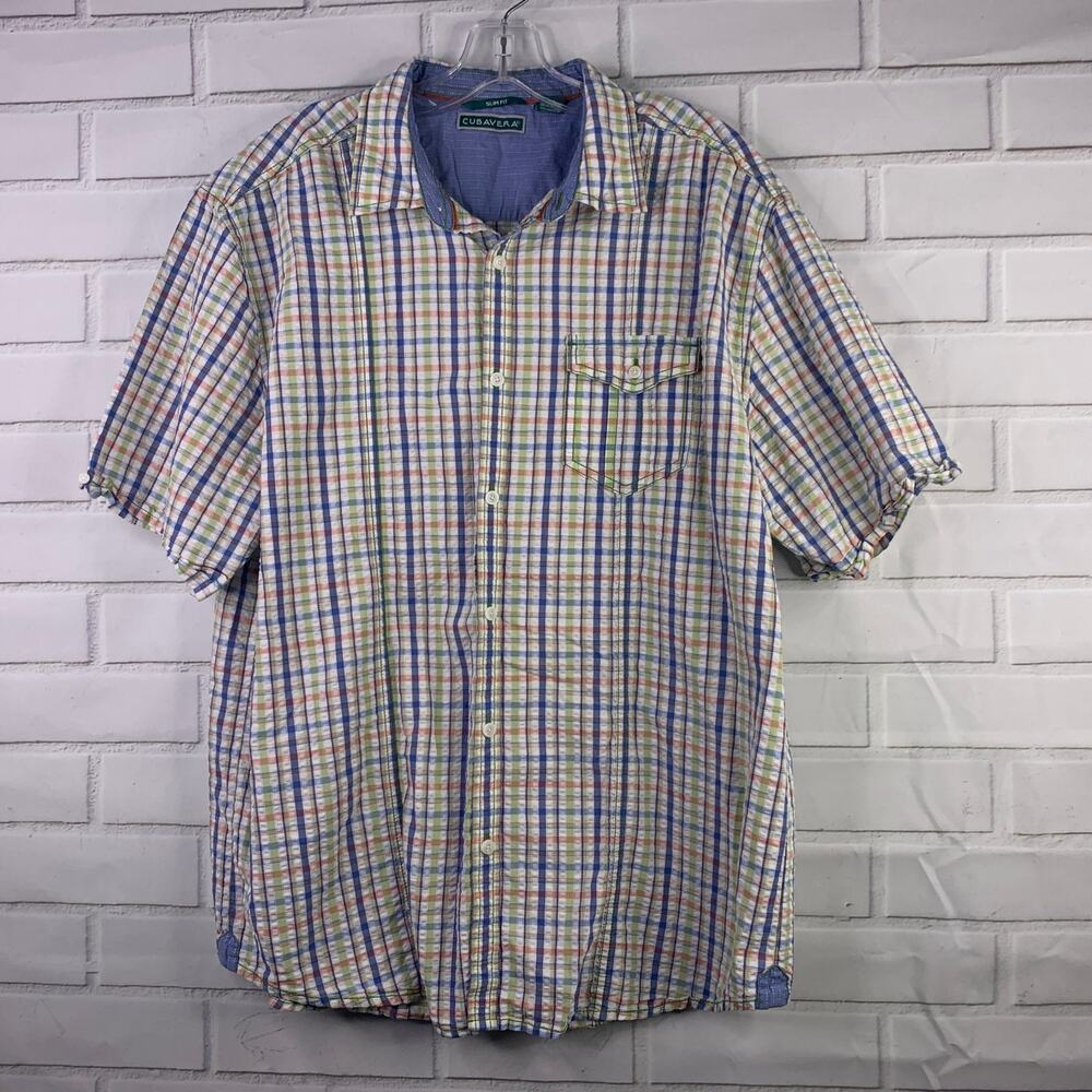 Cubavera guayabera seersucker pastel gingham plaid Slim Fit men's size XL